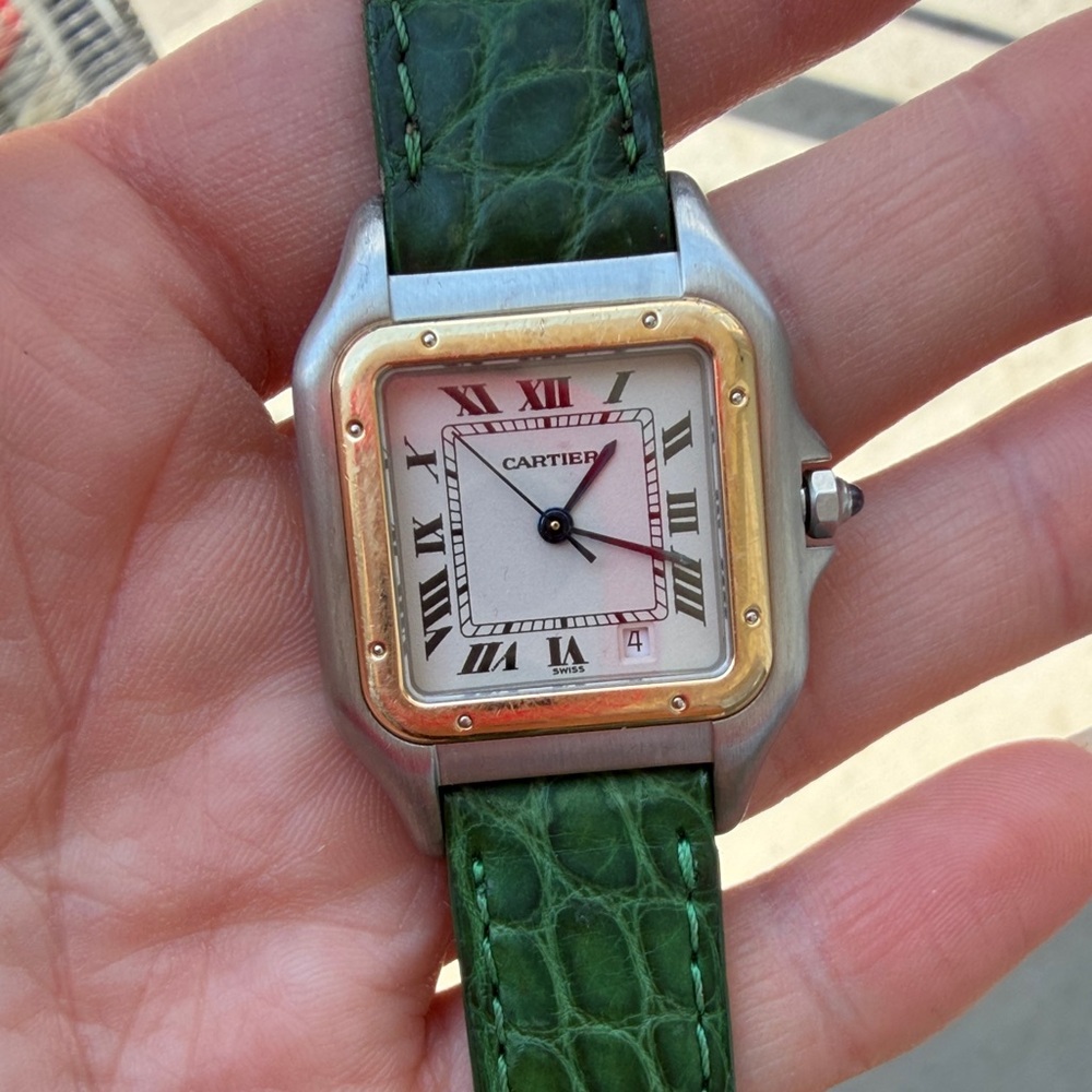 Cartier Two-Tone Square Watch with Green Leather Strap